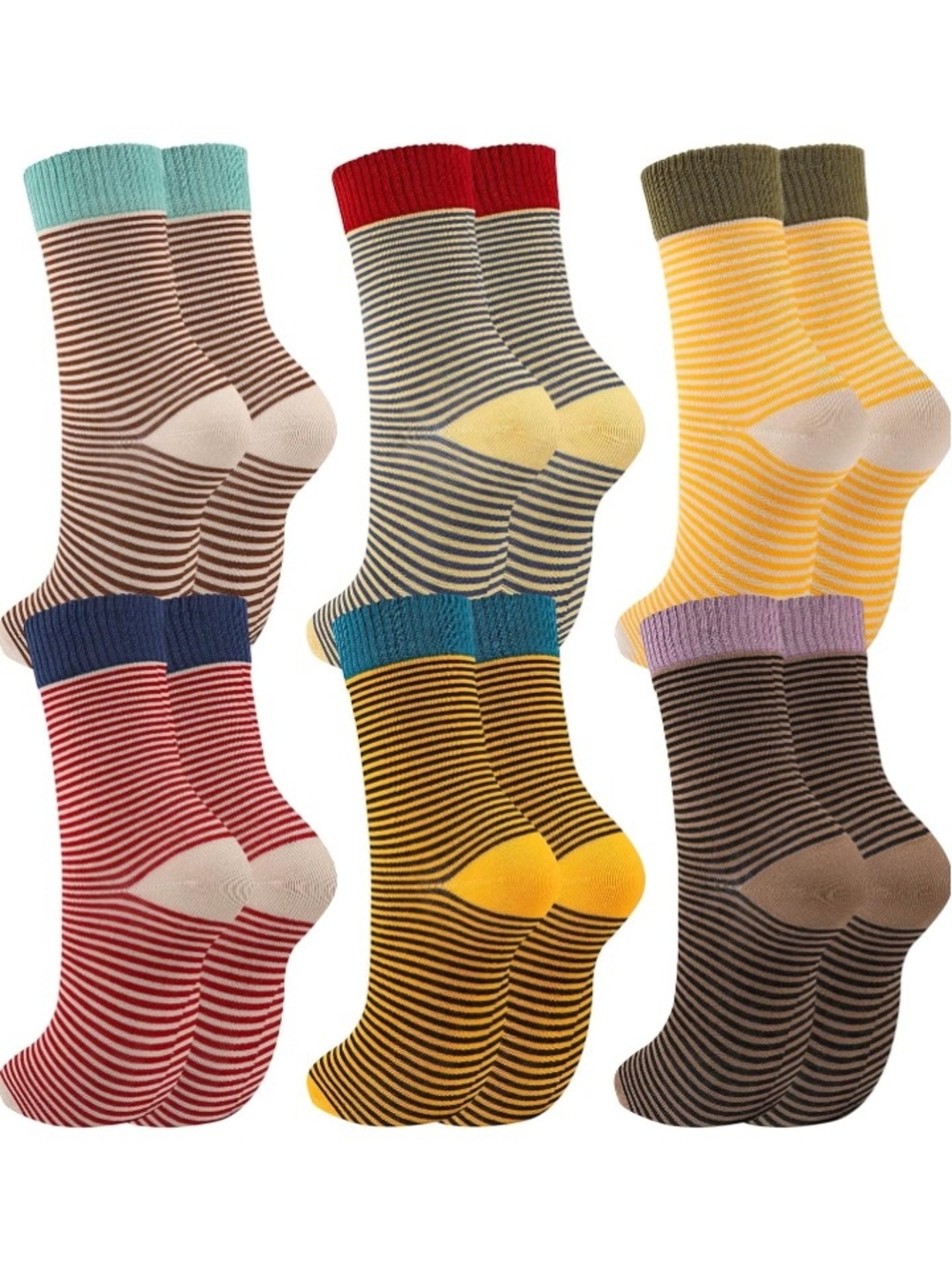 Vintage Striped Crew Socks Multi Color Retro Aesthetic Cozy Knit Sock Pack 6 Pc